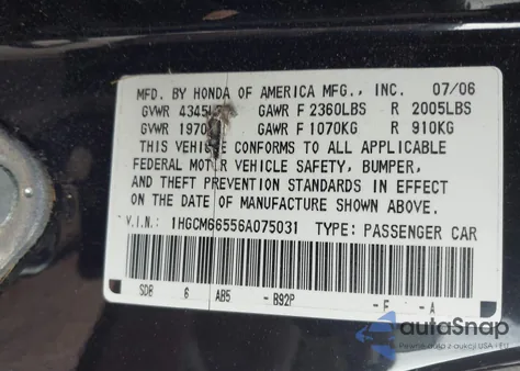 2006 Honda Accord 3.0 Ex z USA, uszkodzony, nr VIN 1HGCM66556A075031